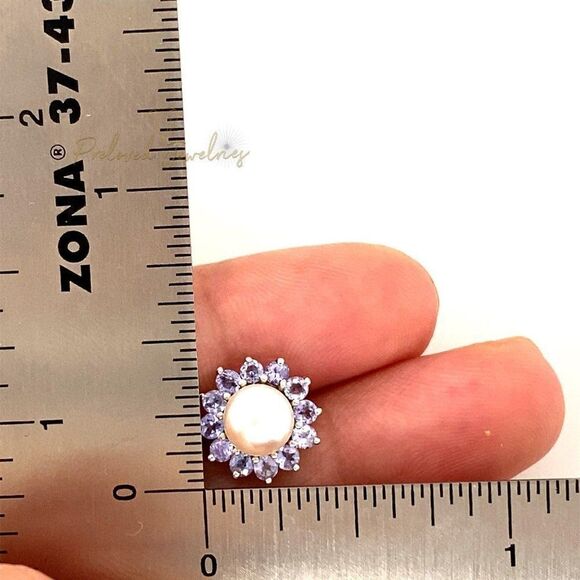 Stunning 14k Flower Shaped Tanzanite & Pearl Stud Earrings - Picture 14 of 16